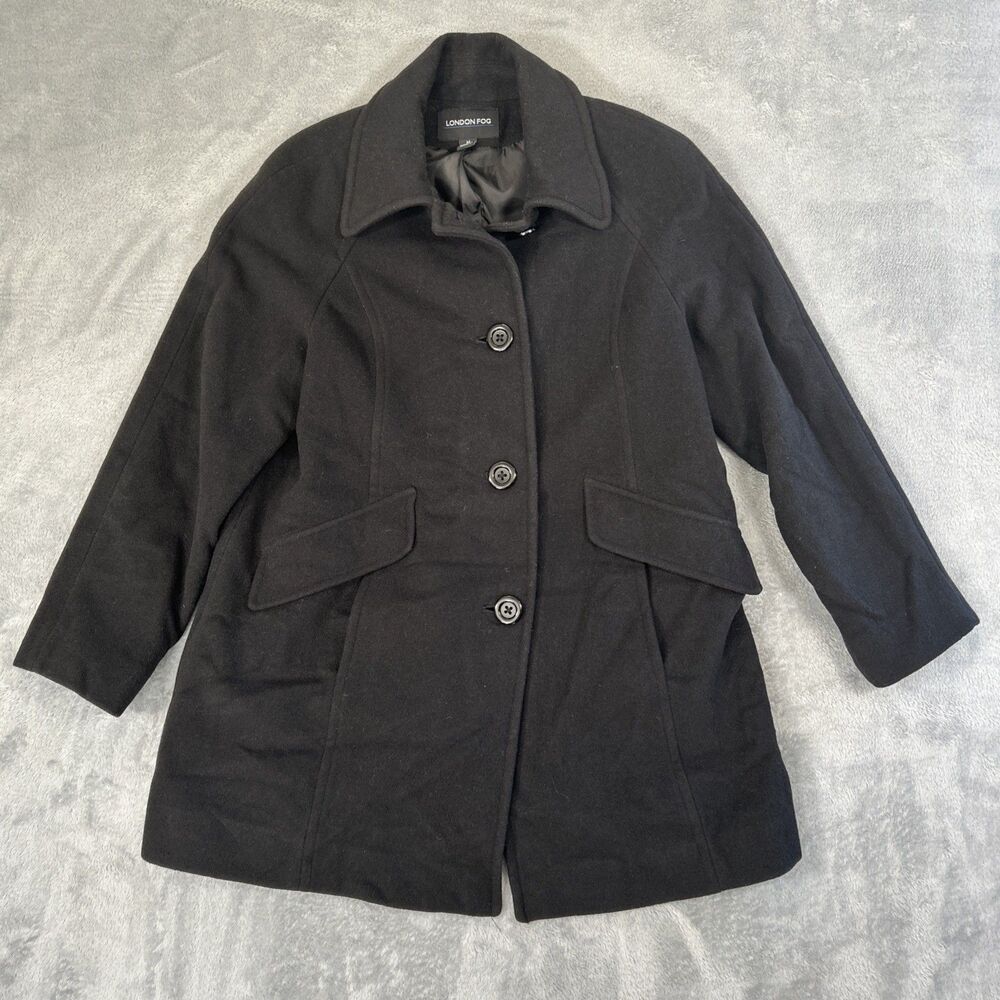 London Fog Pea Coat Womens Medium Black Wool Blend Pockets Fall Winter Jacket